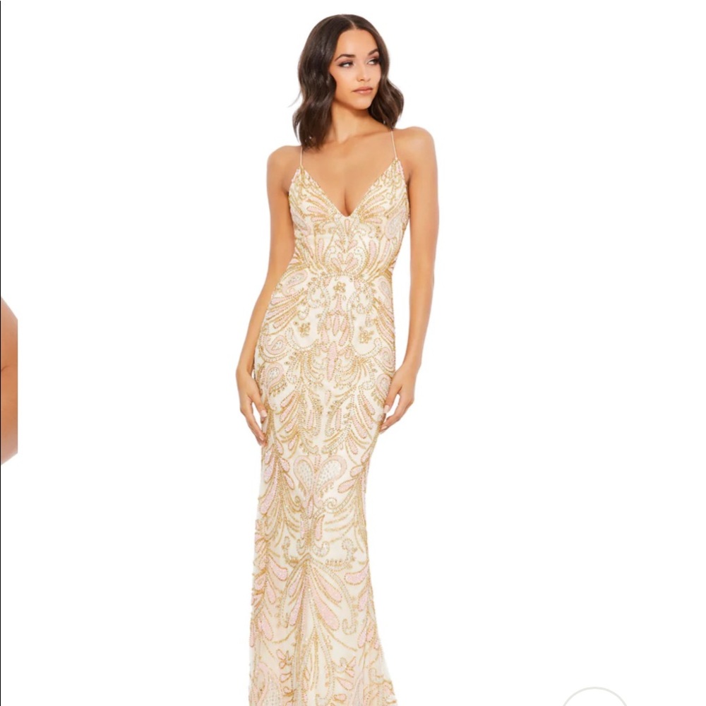 CHAMPAGNE STRAPPY BACK BEADED GOWN MAC DUGGAL